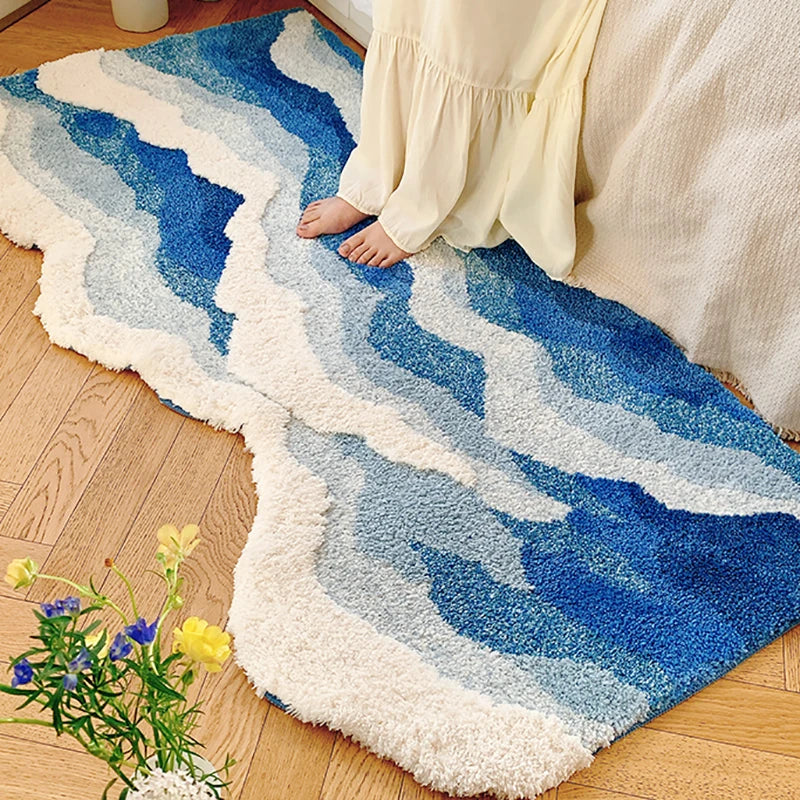 Aesthetic Tufting Ocean Bedroom Rug Soft Fluffy Scenic Wave