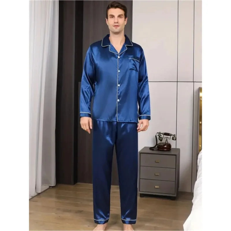 New Men Pajamas Set Silk SatinSleepwear Shirt Long SleevePijama in USA