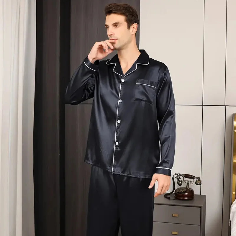 Large Size Solid Long-Sleeved Pyjamas Men Autumn Winter Silk in USA