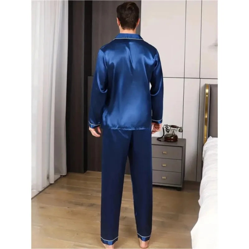 New Men Pajamas Set Silk SatinSleepwear Shirt Long SleevePijama in USA