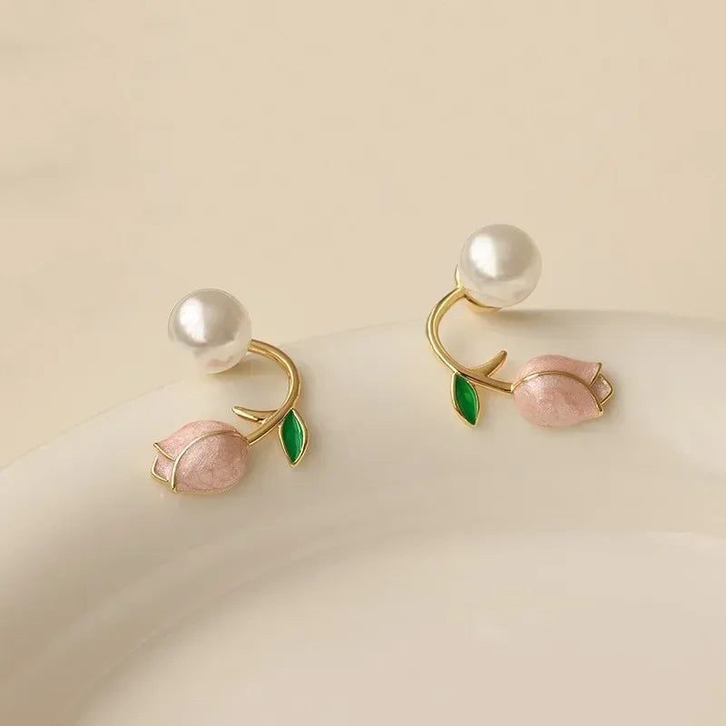 Sweet Fashion Enamel Pearl Tulip Flower Stud Earrings Women in USA