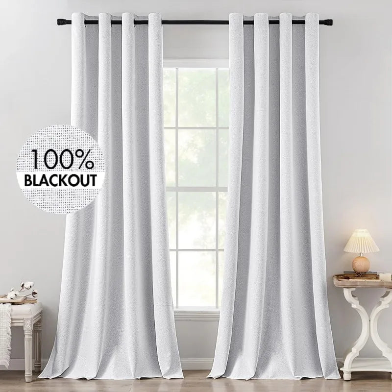 Blackout Linen Textured Curtains for Bedroom Solid Thermal Insulated G