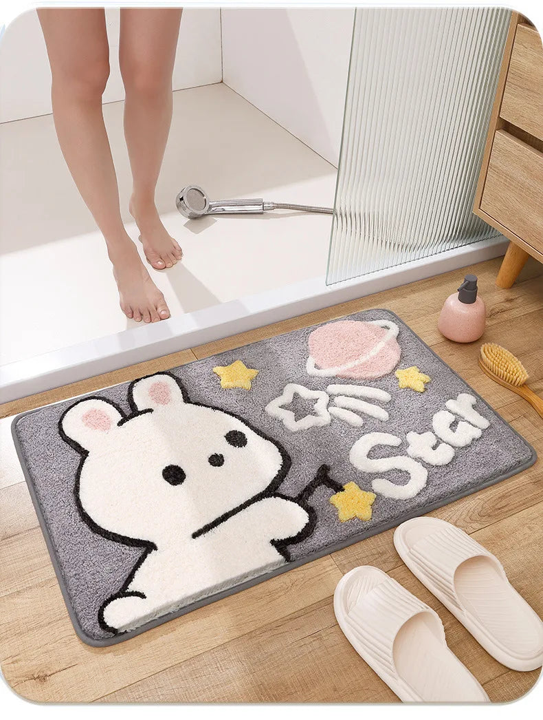 Cute Cartoon Rabbit Bath Mat Set High Quality Flocking