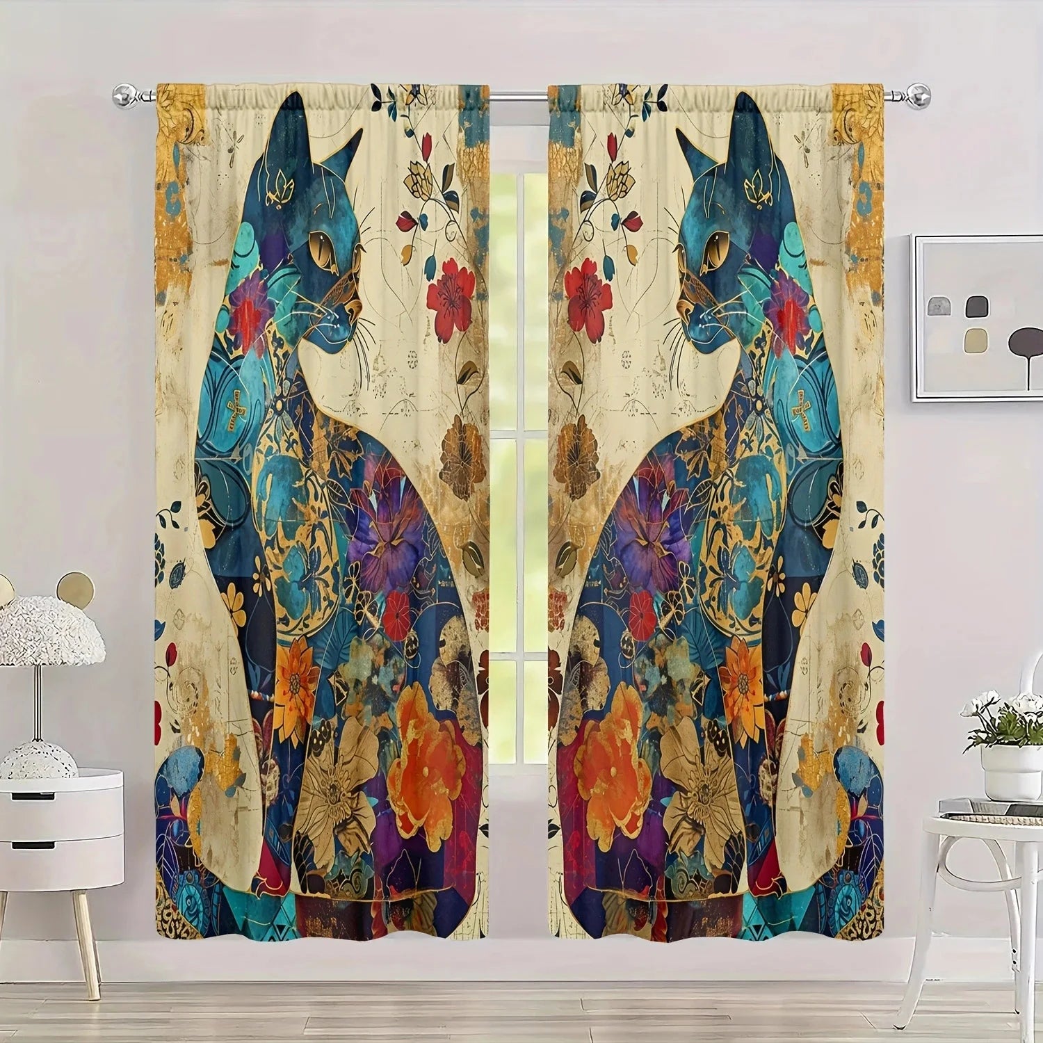 Artistic Cat Print Printed Curtain for Home Decor - Rod Pocket Window in USA