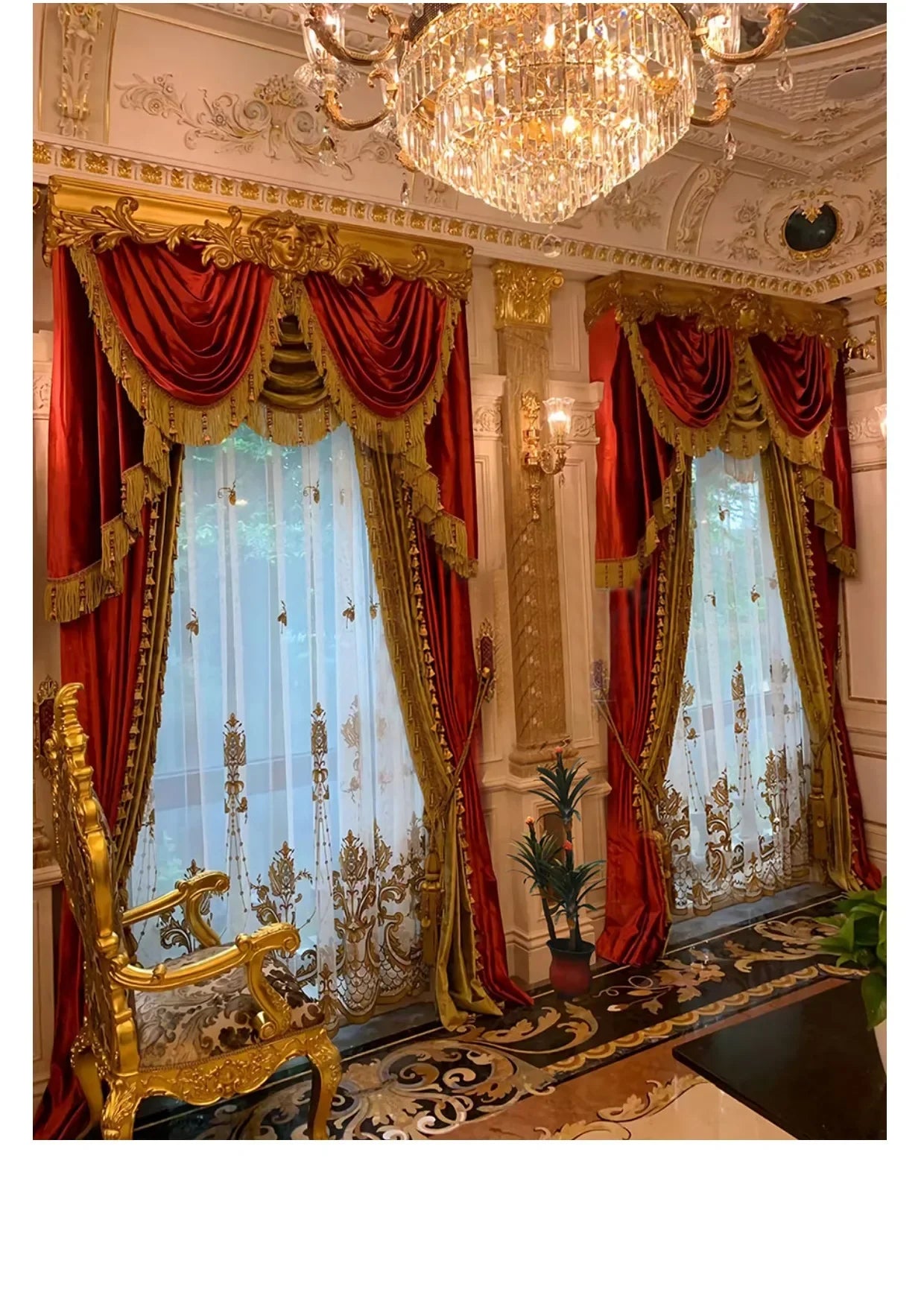 Gold Red Embroidered Velvet Curtains Living Room in USA