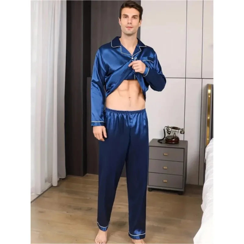 New Men Pajamas Set Silk SatinSleepwear Shirt Long SleevePijama in USA