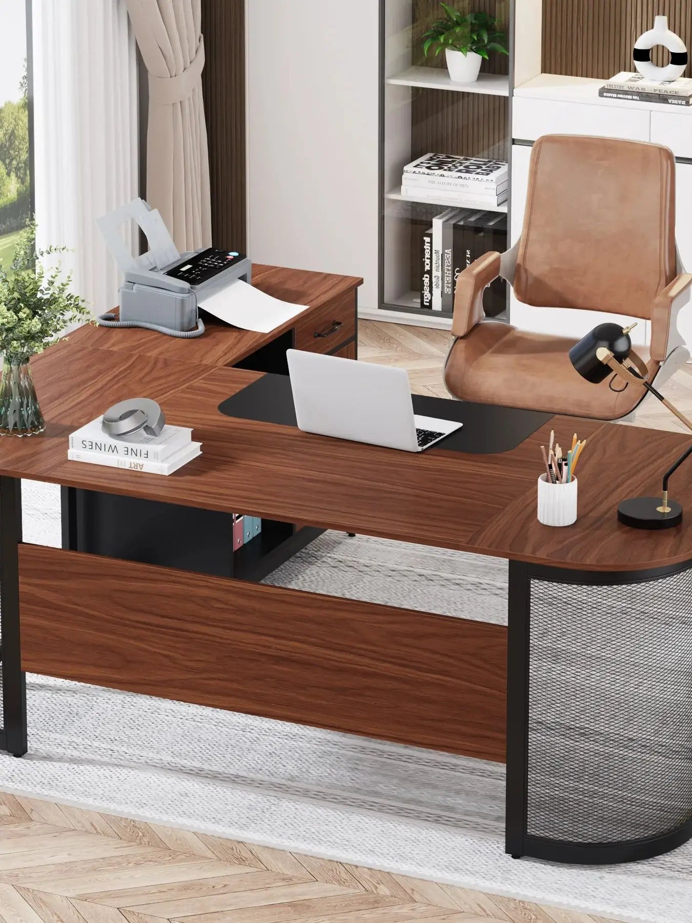 Executive Desk with 31" File Cabinet, L-Shaped Office Desk IN USA.