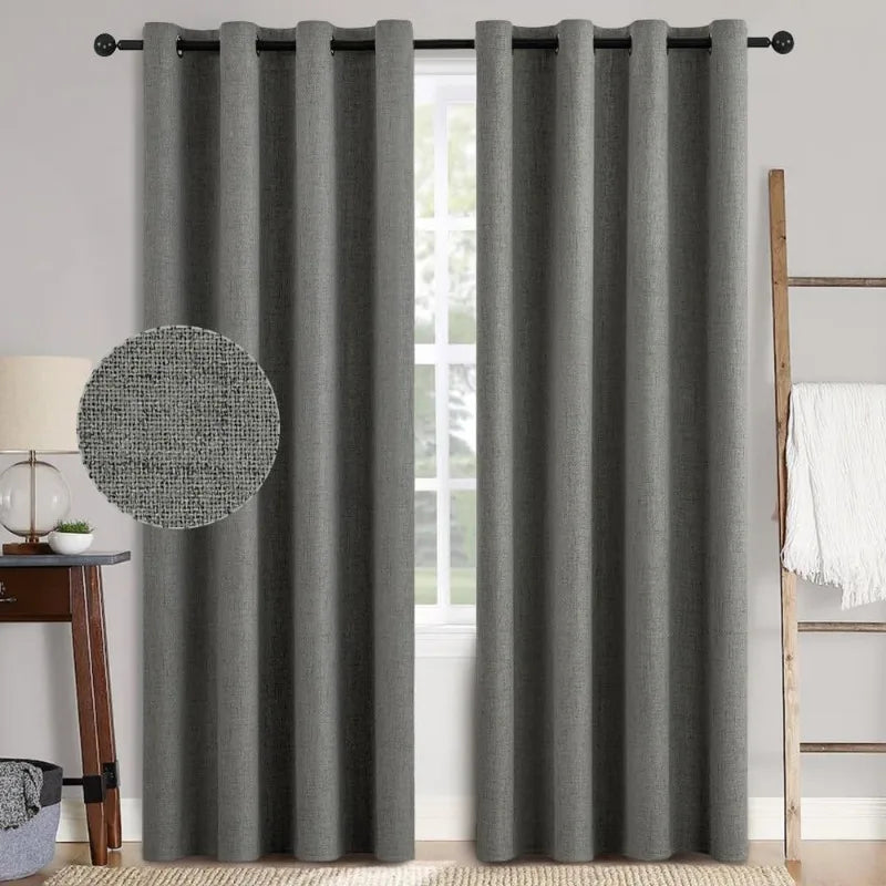 Blackout Linen Textured Curtains for Bedroom Solid Thermal Insulated G