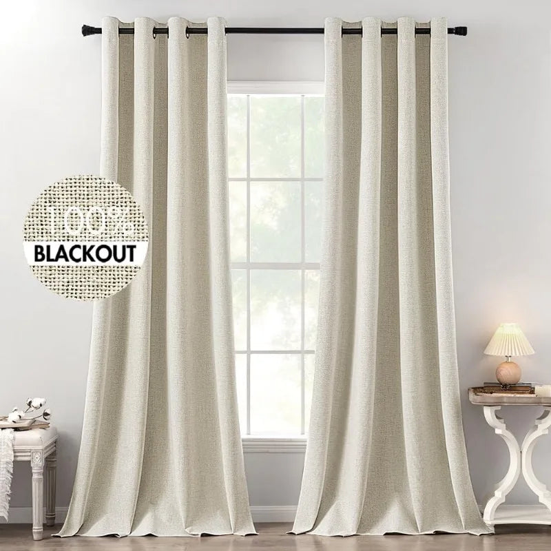 Blackout Linen Textured Curtains for Bedroom Solid Thermal Insulated G