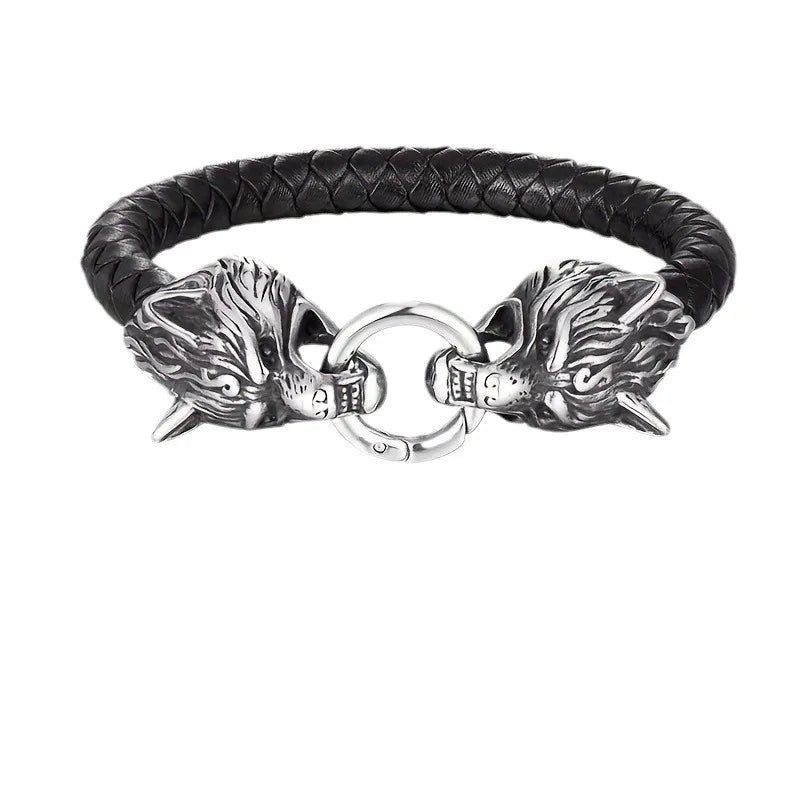 Retro Viking Double Wolf Head Leather Bracelet in USA