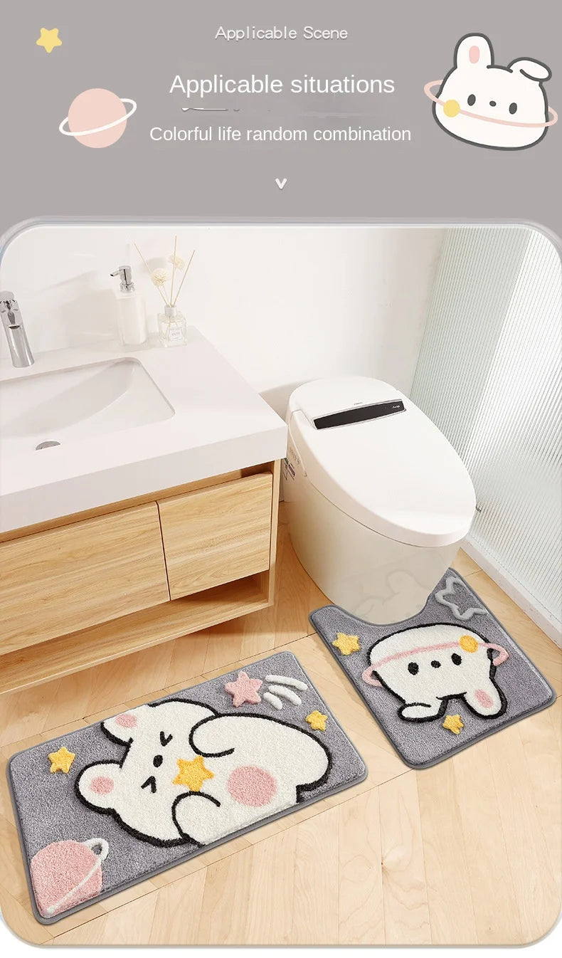 Cute Cartoon Rabbit Bath Mat Set High Quality Flocking