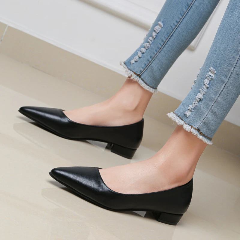 New Pointed Toe Shallow Mouth Square Heel Small Leather Shoes in USA