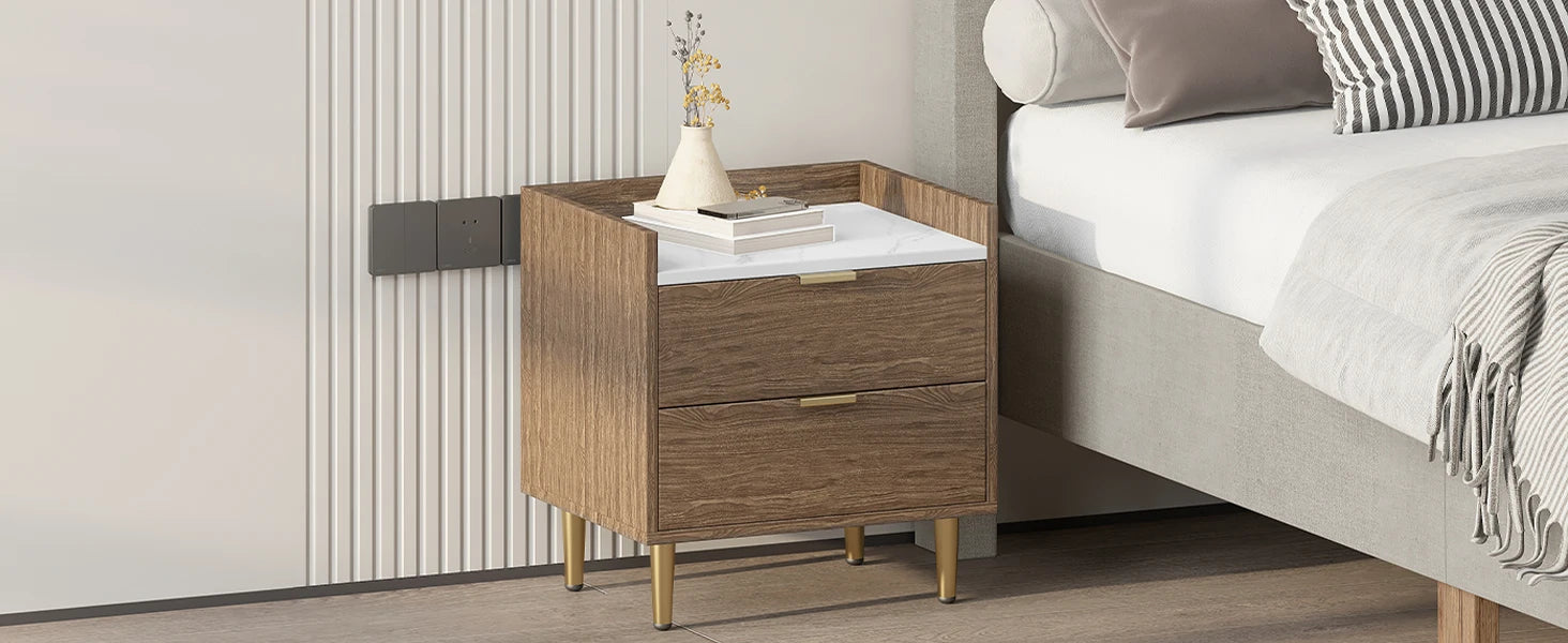 Wooden Nightstand Drawers Worktop, Bedside Table IN USA.