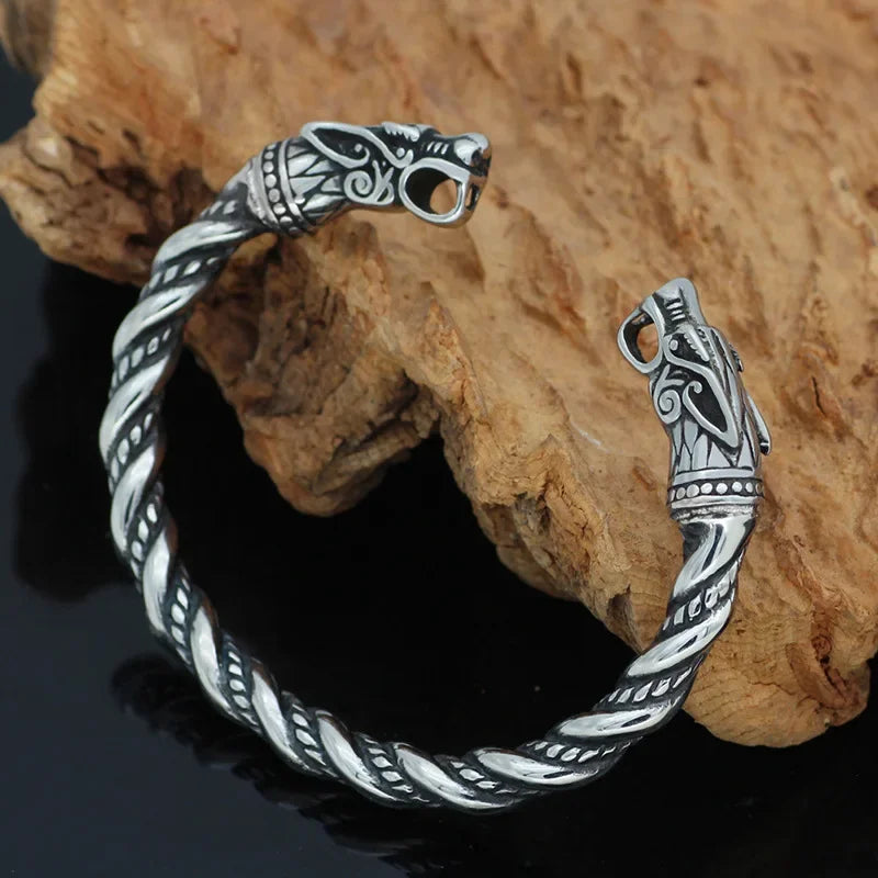 Norse Viking Wolf Head Bracelet Stainless Steel Opening Adjustable in USA