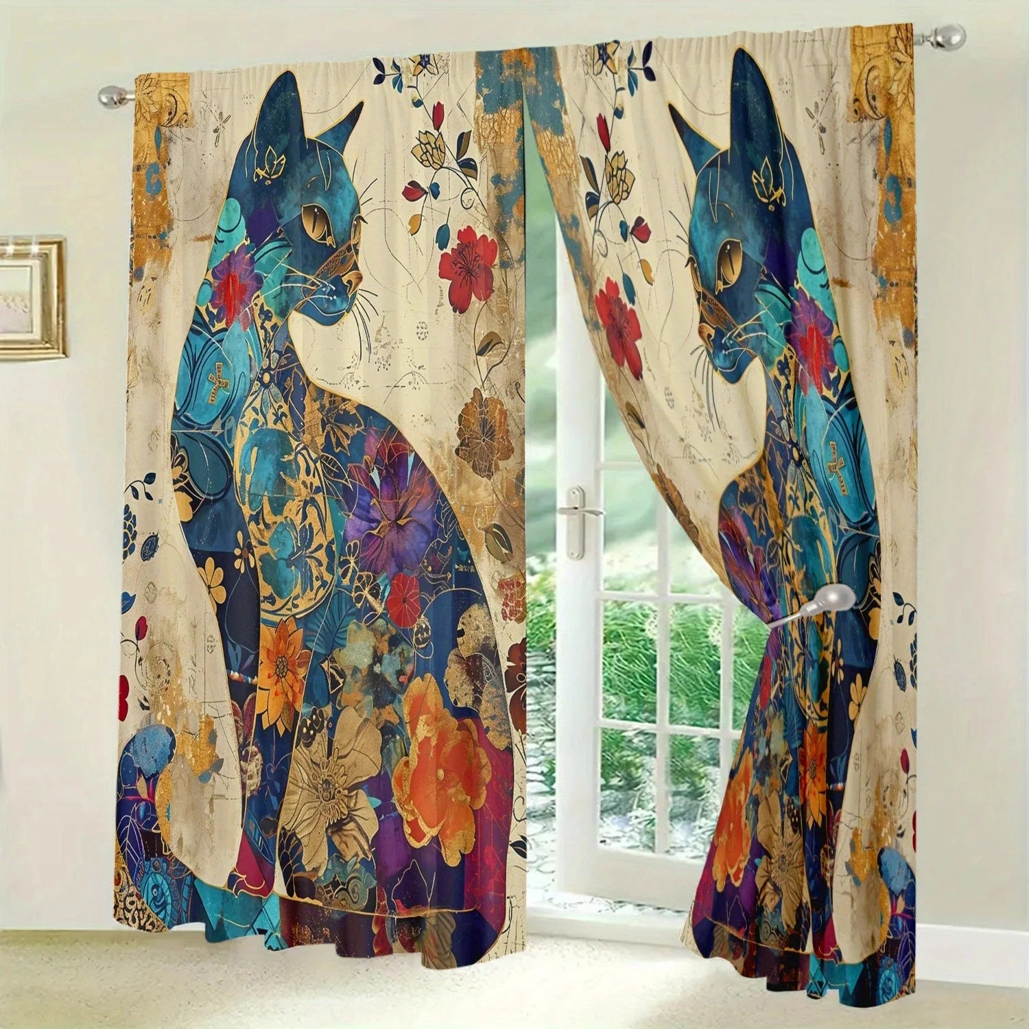 Artistic Cat Print Printed Curtain for Home Decor - Rod Pocket Window in USA