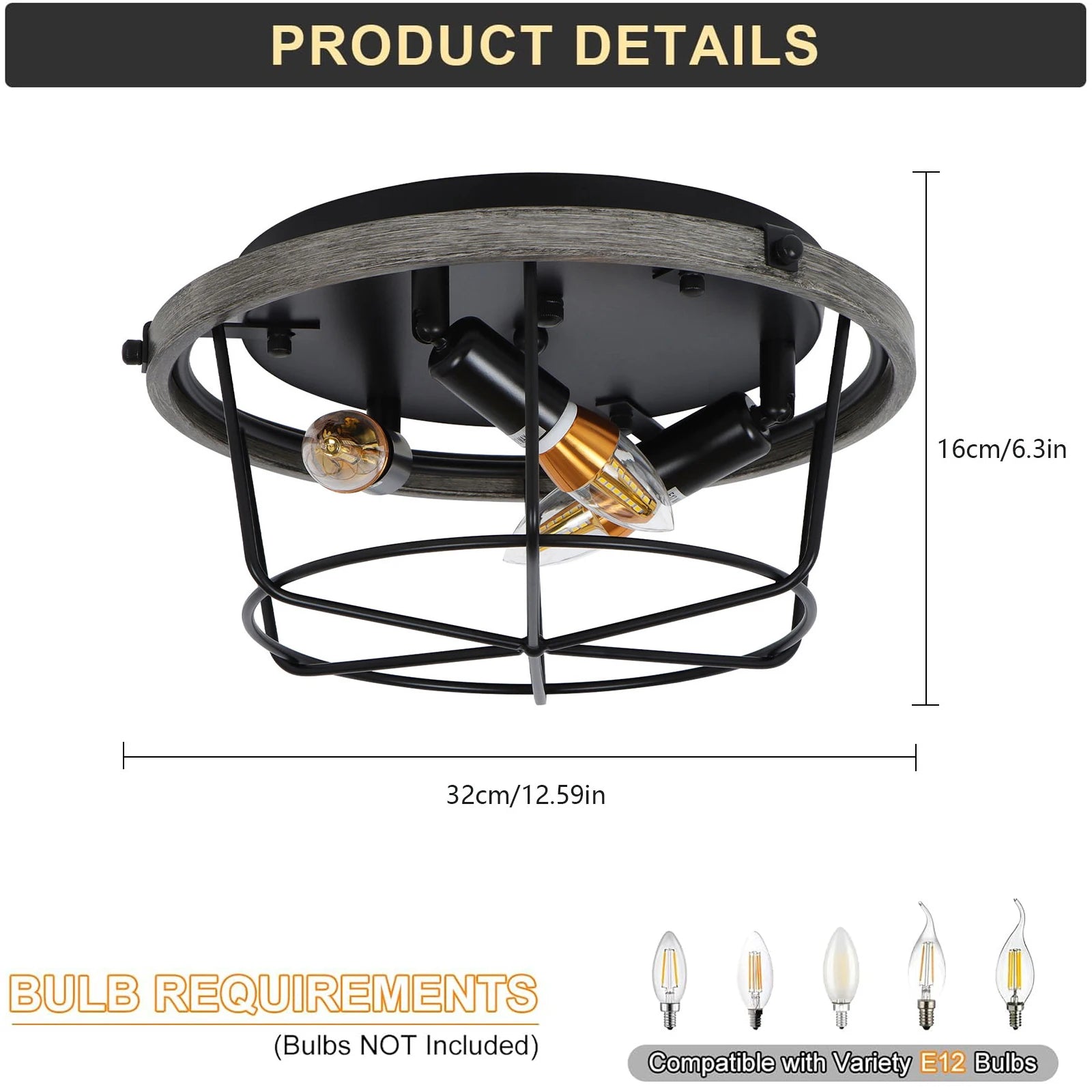 Industrial Black Metal Cage Round Lights Semi Flush Mount IN USA.