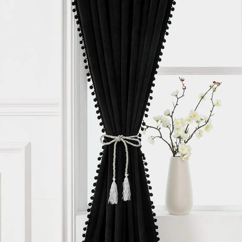 Pom Velvet Curtains for Bedroom, Blackout Curtains in USA