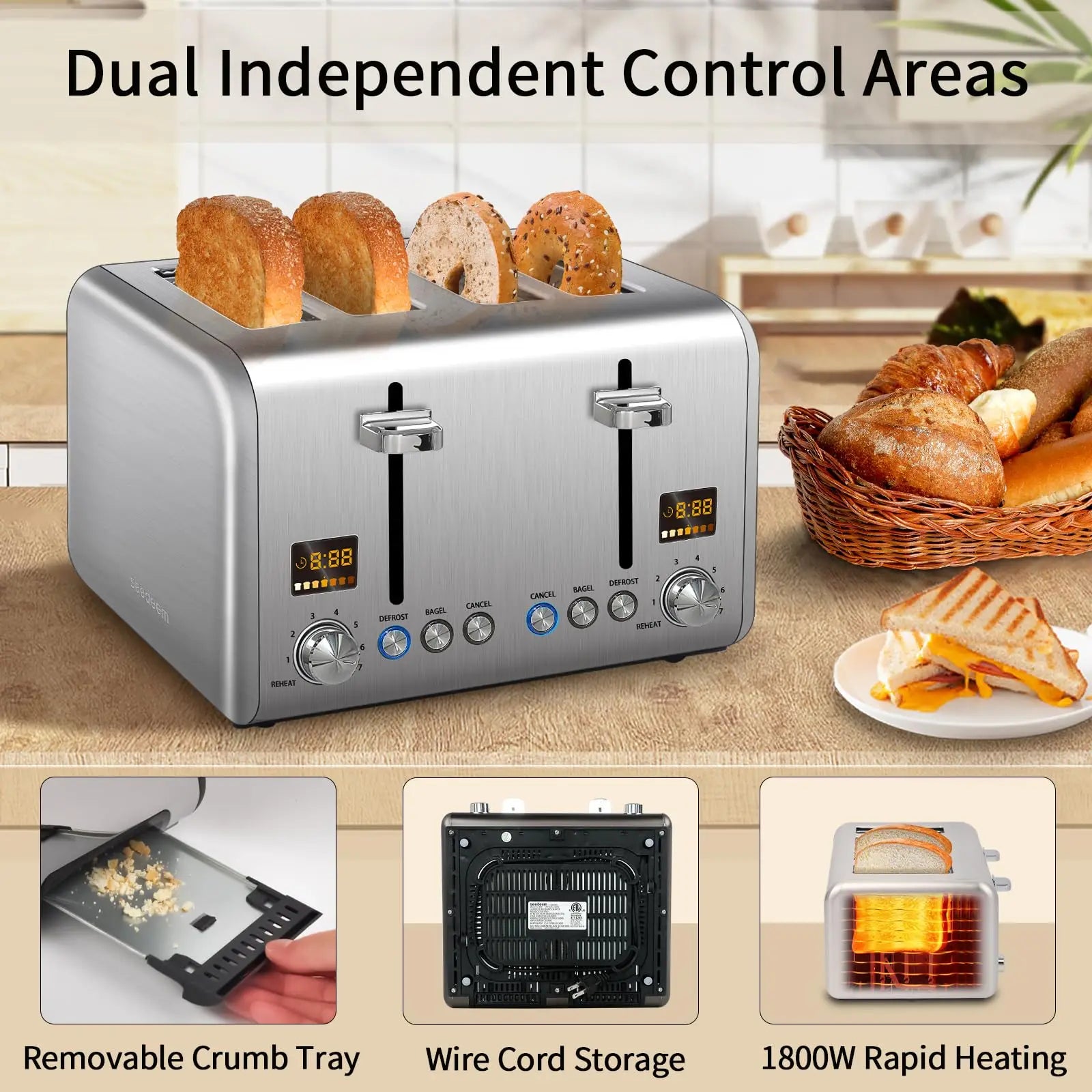 Toaster,Stainless,Smart Control, Bread Shade Settings, IN USA.