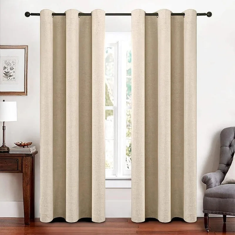 Blackout Linen Textured Curtains for Bedroom Solid Thermal Insulated G