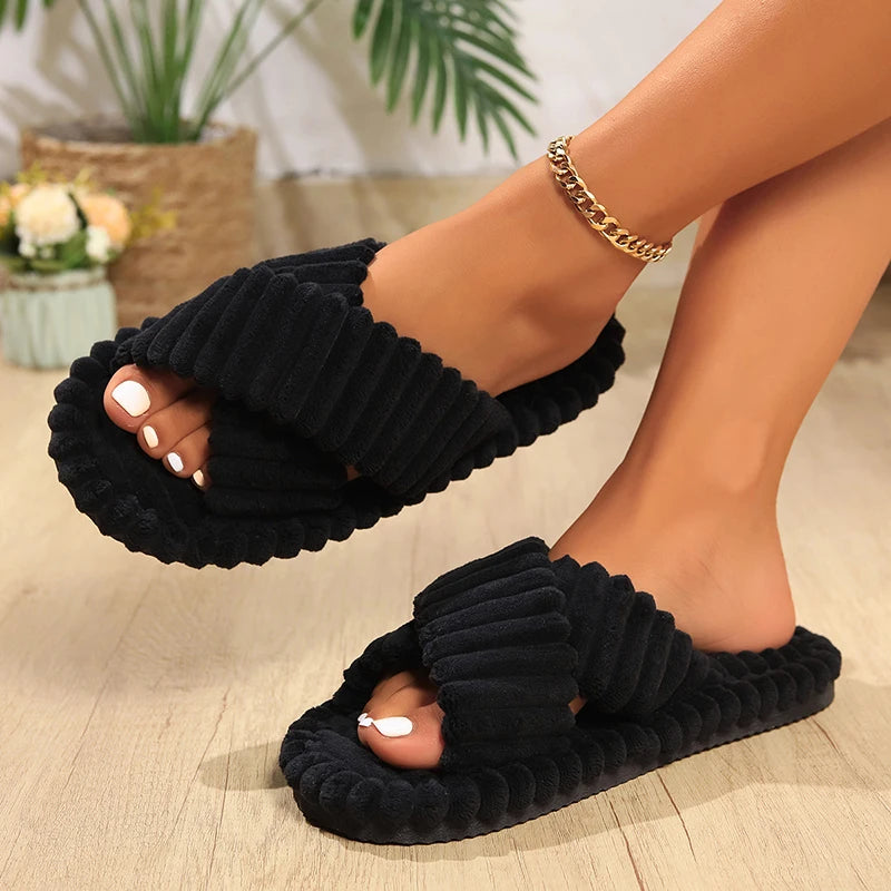 Fashion Corduroy Cross Band Home Slippers Women in USA