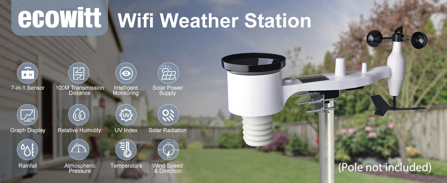 Ecowitt WS69 7-in-1 Wireless Solar Powered Outdoor Weather Sensor for 