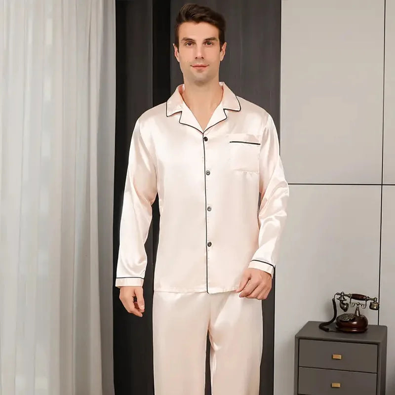 Large Size Solid Long-Sleeved Pyjamas Men Autumn Winter Silk in USA