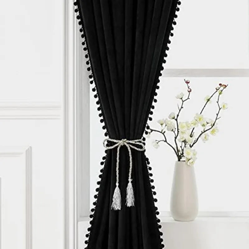 Pom Velvet Curtains for Bedroom, Blackout Curtains in USA