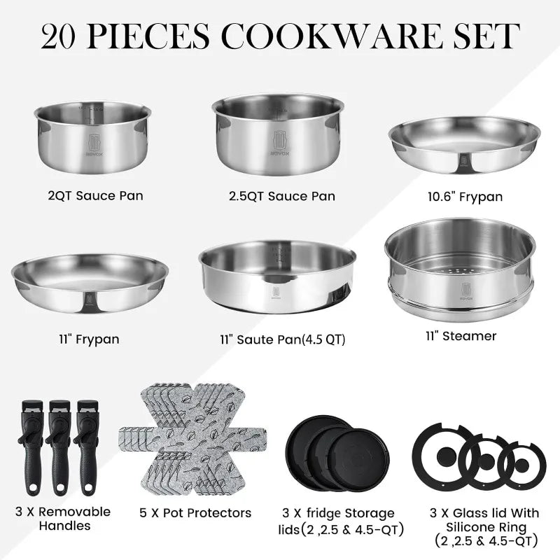 Pots Pans Set, 20 Piece Stainless Steel Kitchen Removable