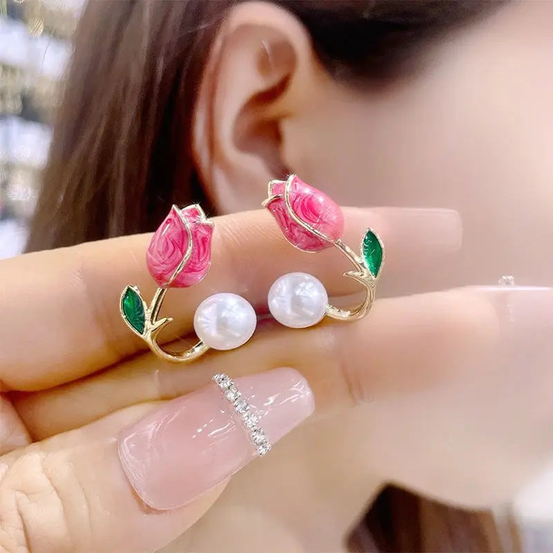 Sweet Fashion Enamel Pearl Tulip Flower Stud Earrings Women in USA