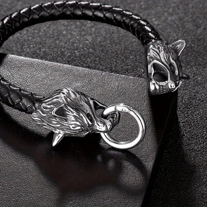 Retro Viking Double Wolf Head Leather Bracelet in USA