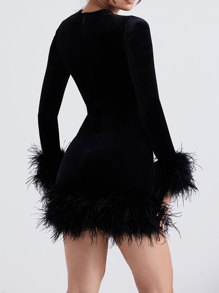 Women Black Feather Long Sleeve Bodycon Dress Sexy IN USA.