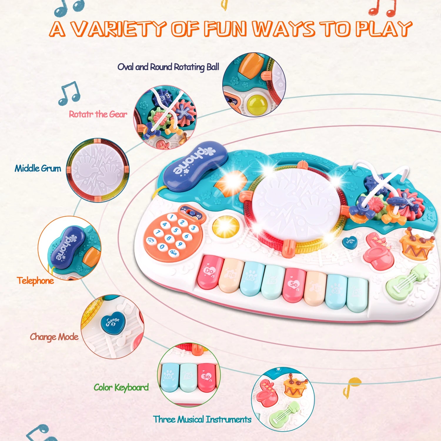 Light-Up Baby Musical Toys Piano Keyboard Drum Set Gift in USA