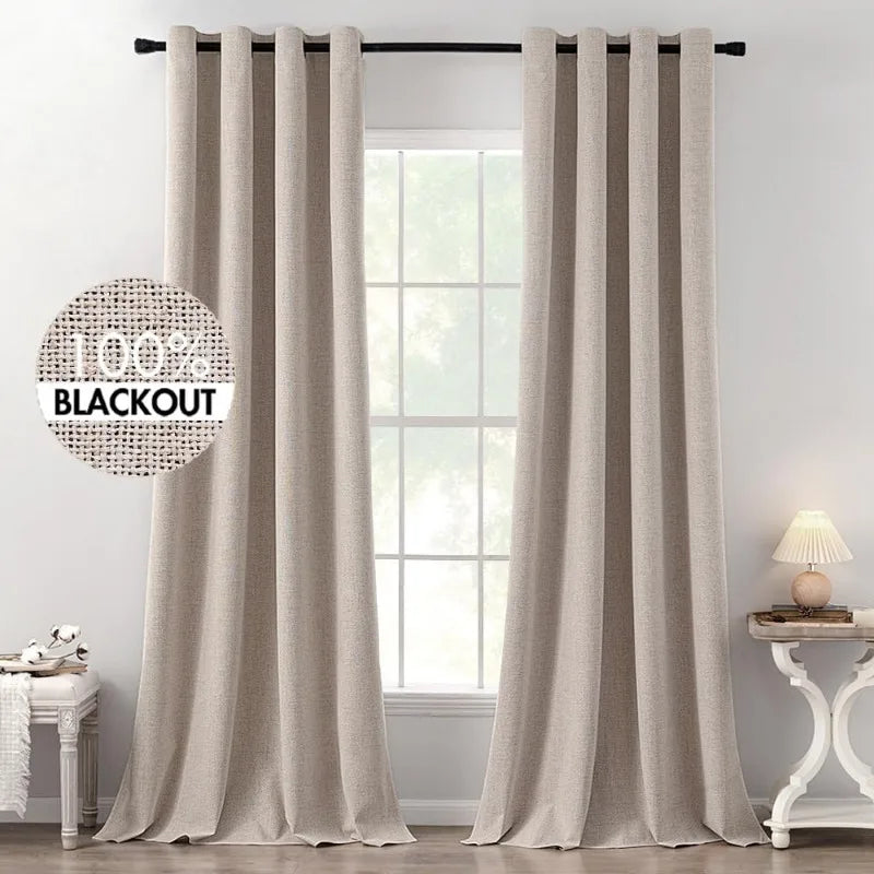 Blackout Linen Textured Curtains for Bedroom Solid Thermal Insulated G