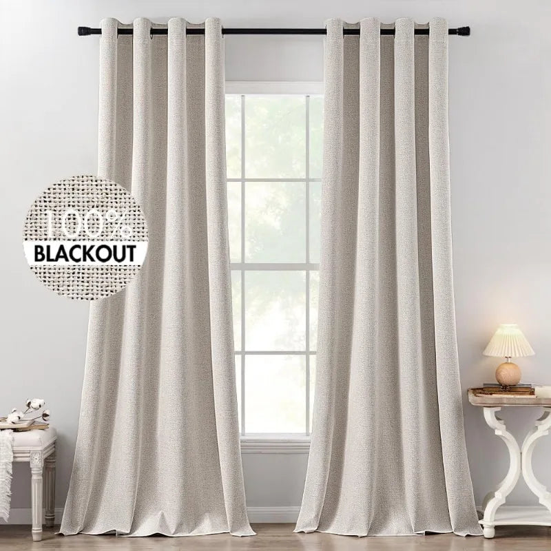 Blackout Linen Textured Curtains for Bedroom Solid Thermal Insulated G