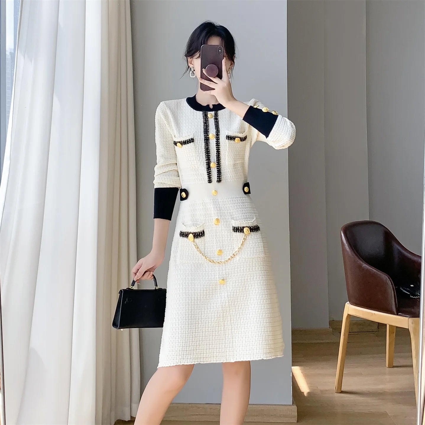 Autumn Small Fragrance Knitted Sweater Evening Dress in USA