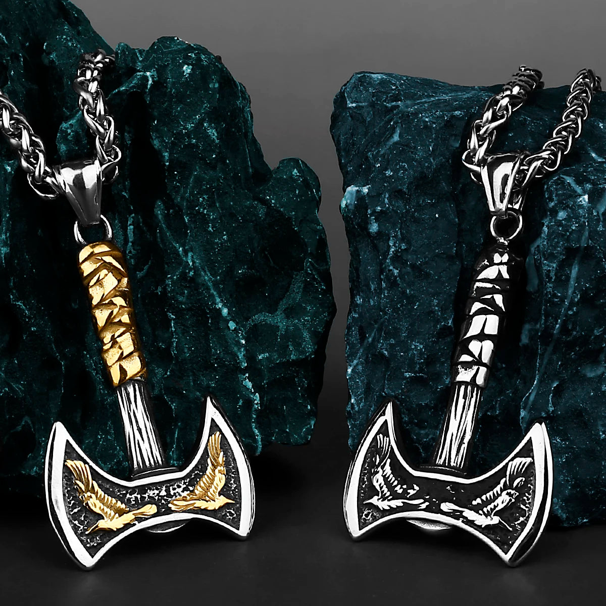 Viking Odin Raven Double Axe Necklace Mixed Gold Color Stainless Steel