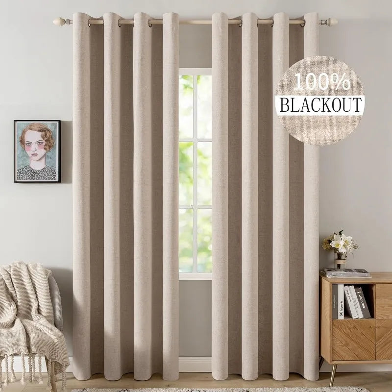 Blackout Linen Textured Curtains for Bedroom Solid Thermal Insulated G