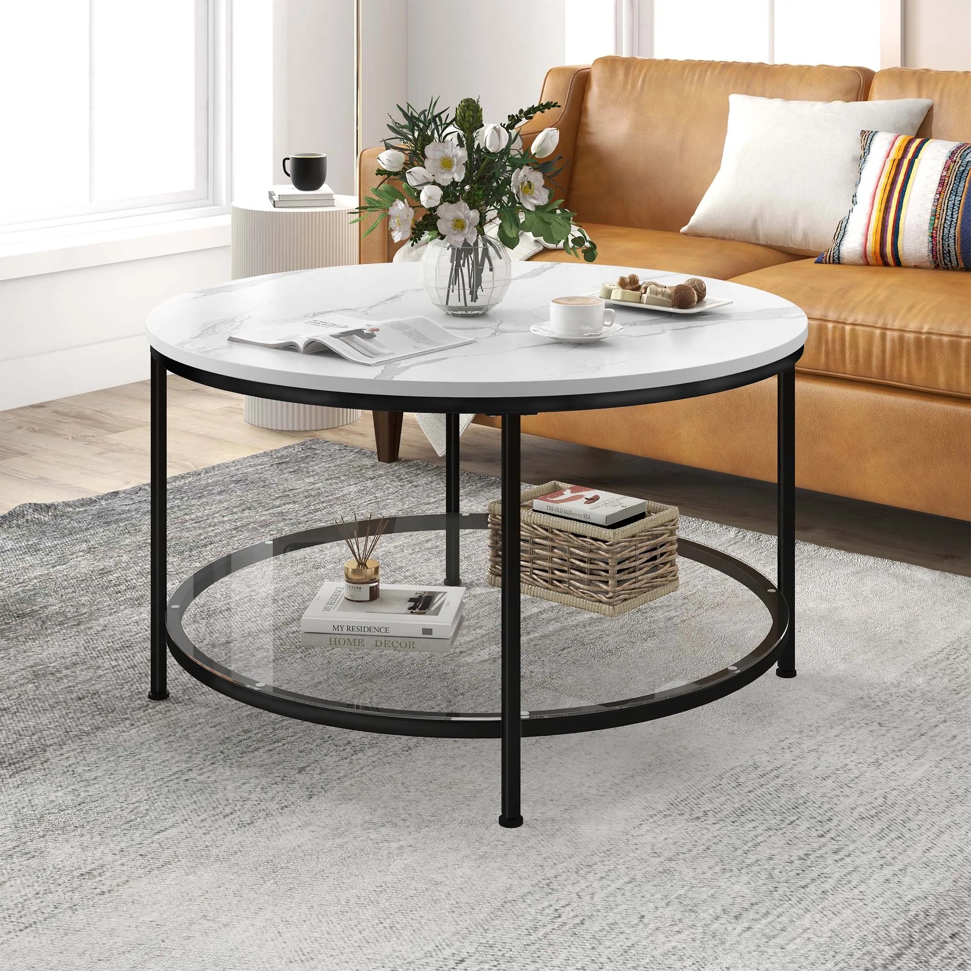 Tier Round Coffee Table Faux Marble Glass Shelf Modern IN USA.