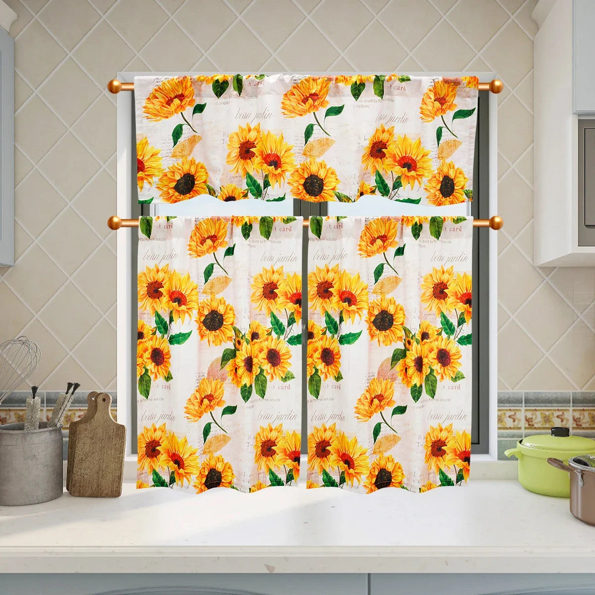 Valance Tier Curtains Windows Sunflower Kitchen Curtain in USA