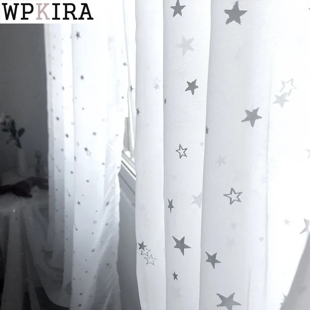 White Shiny Sliver Stars Tulle Curtains For Kids Room Modern IN USA.