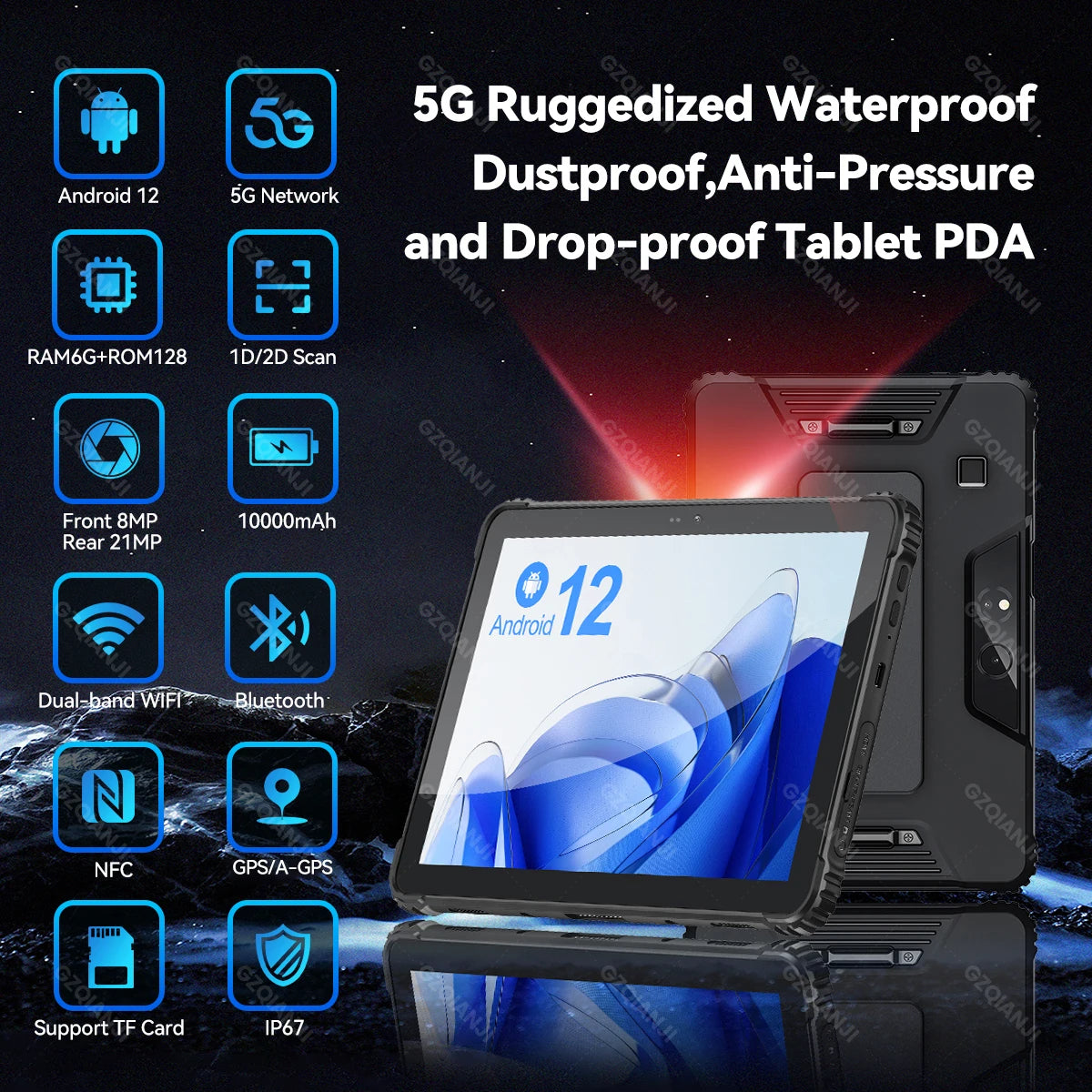 5G Industrial Android 12 Tablet Rugged PDA Triple Defence with Fingerp