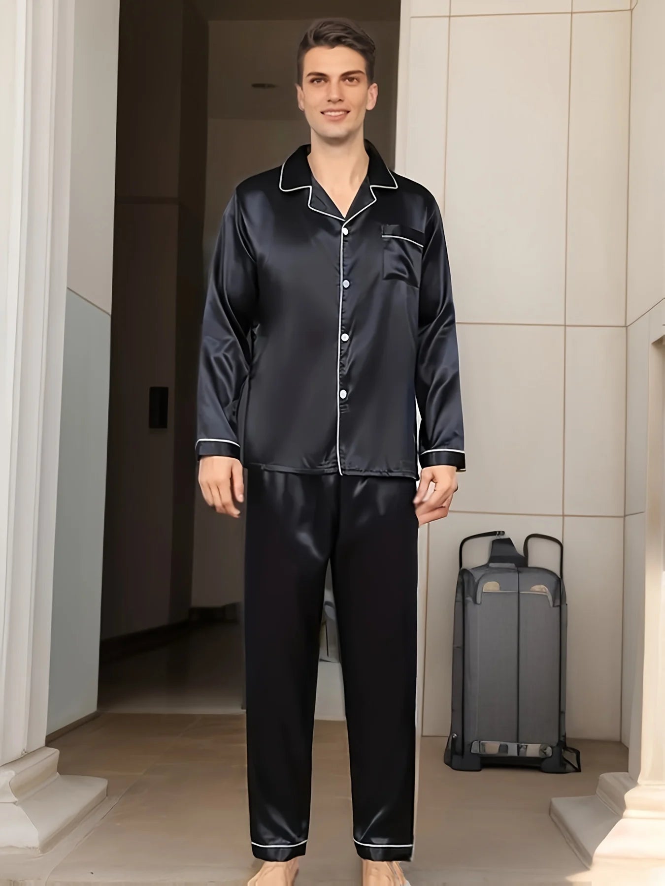 New Men Pajama Sets Sleepwear Man Shirt Silk Long in USA