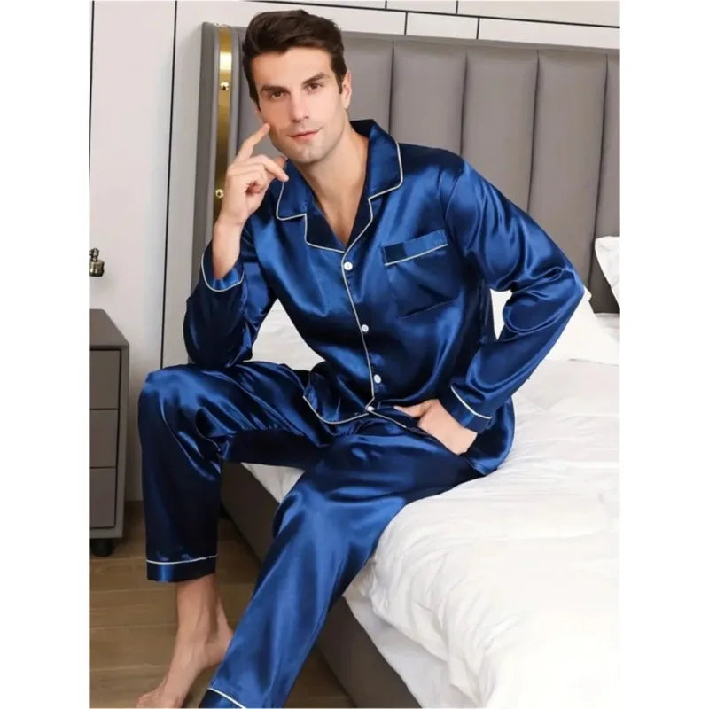 New Men Pajamas Set Silk SatinSleepwear Shirt Long SleevePijama in USA