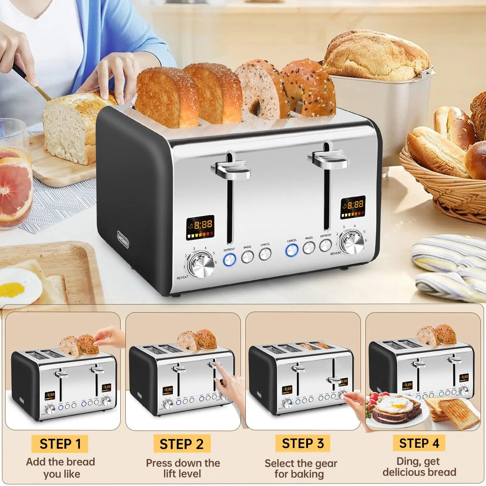 Toaster,Stainless,Smart Control, Bread Shade Settings, IN USA.