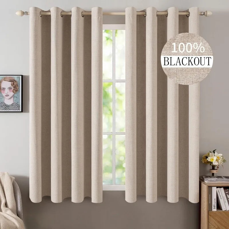 Blackout Linen Textured Curtains for Bedroom Solid Thermal Insulated G