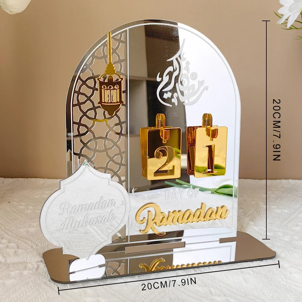 Reusable Acrylic Ramadan Calendar Board Wooden Base Table Ornament wit