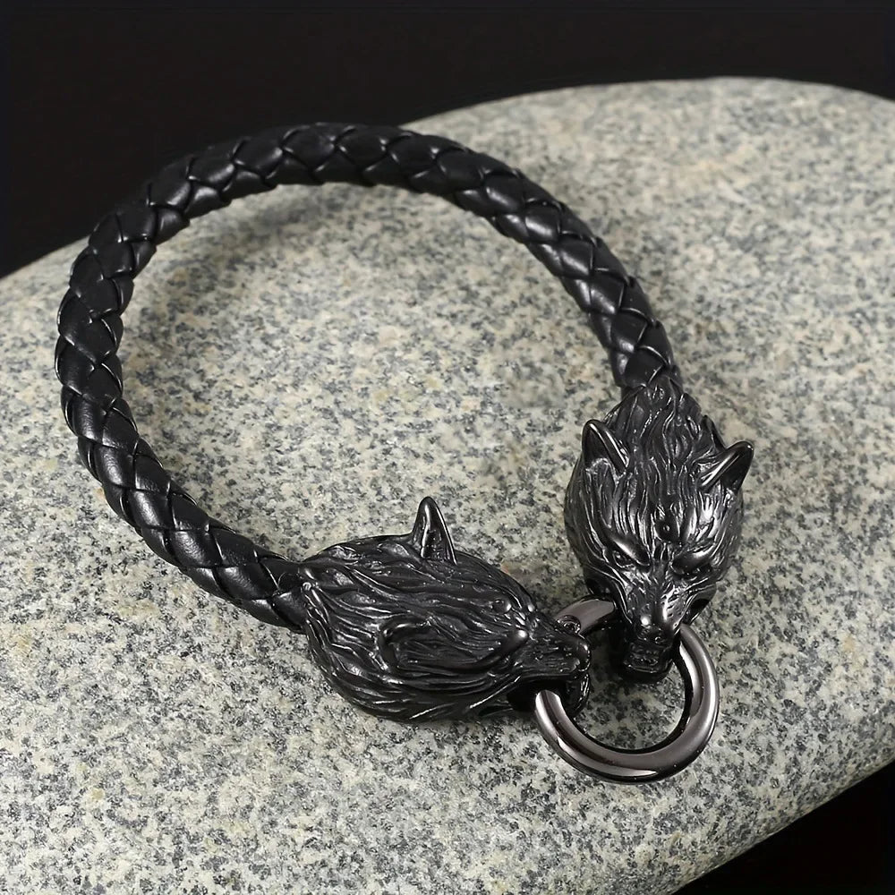 Retro Viking Double Wolf Head Leather Bracelet in USA