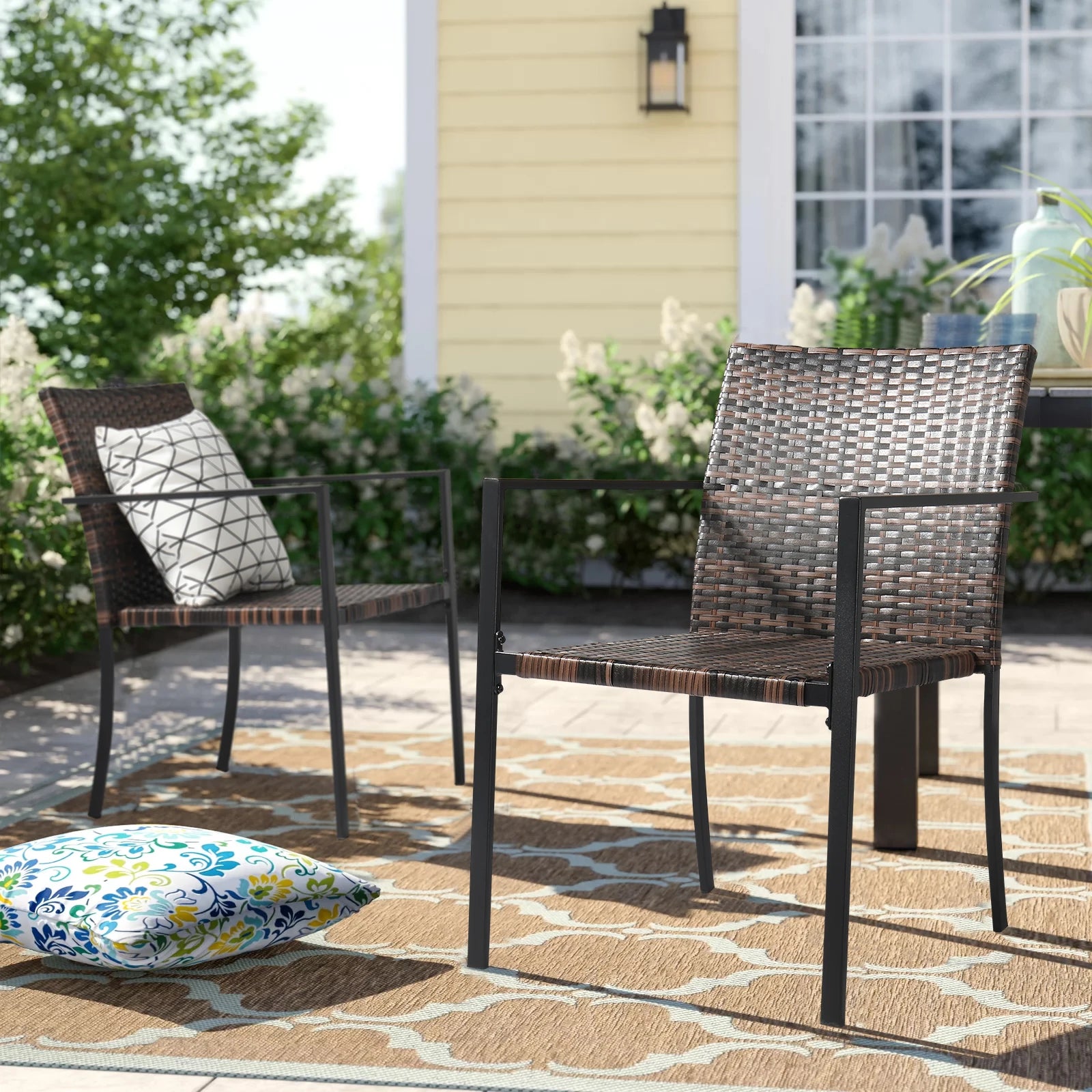 Brown Set Stackable Outdoor Wicker Patio Dining Chairs in USA.