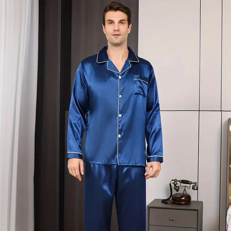 Large Size Solid Long-Sleeved Pyjamas Men Autumn Winter Silk in USA