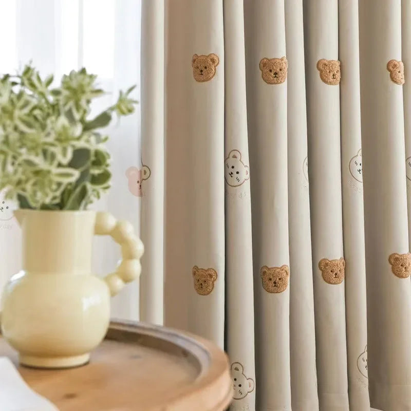 Cute Plush Bear Embroidered Childrens Curtains Japanese